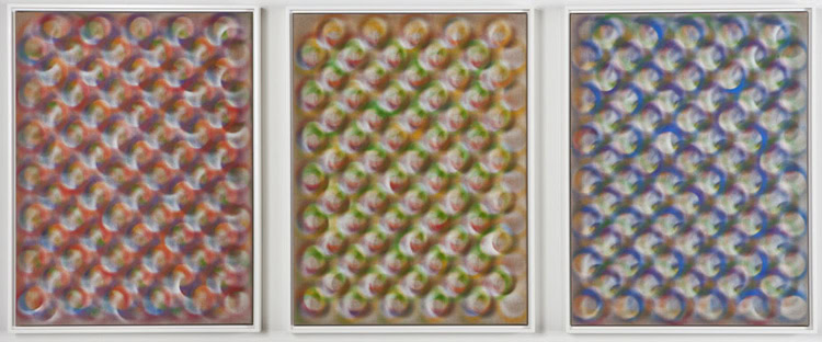 Full Spectrum Trio, 2010, acrylic spray on linen, 25 by 57 inches, abstract painting by Stephen Giannetti, Davis California