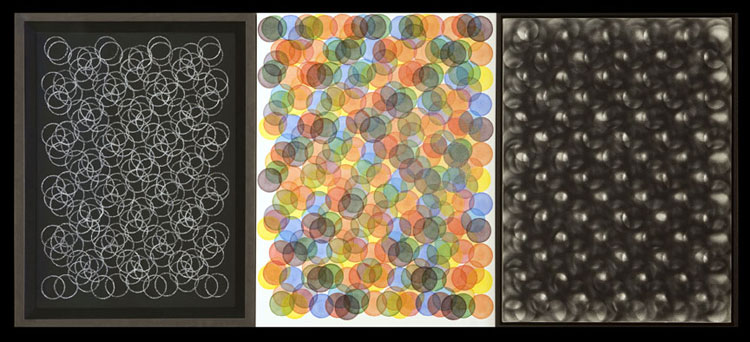 Trio-Dux, 2009, mixed media on paper, polyester and linen, 25 by 57 inches, abstract painting by Stephen Giannetti, Davis California